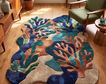Handgetuft wollen vloerkleed, abstract koraal botanisch vloerkleed, kustzeewierdesign