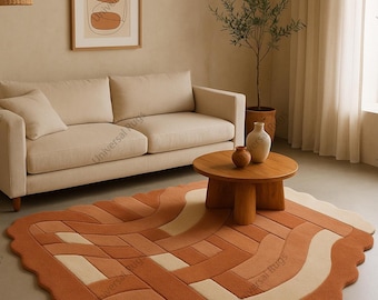Hand-Tufted Wool Area Rug: Terracotta & Cream Wavy Scalloped Edge