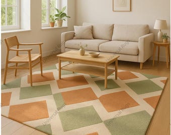 Geometrischer Handgetufteter Wollteppich, Terrakotta, Salbeigrün, Boho Modern 150 x 250 cm