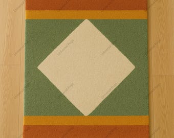 Handgetufteter Geometrischer Wollteppich - Moderner Terrakotta, Grün, Elfenbein