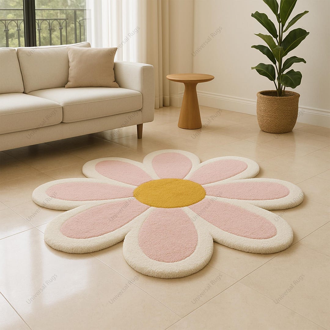 Hand-tufted Wool Daisy Rug: Soft Pink, Cream & Mustard - Handmade Decor ...