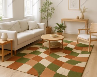 Geometrischer Handgetufteter Wollteppich, Terrakotta Sage Grün Elfenbein, Boho Teppich