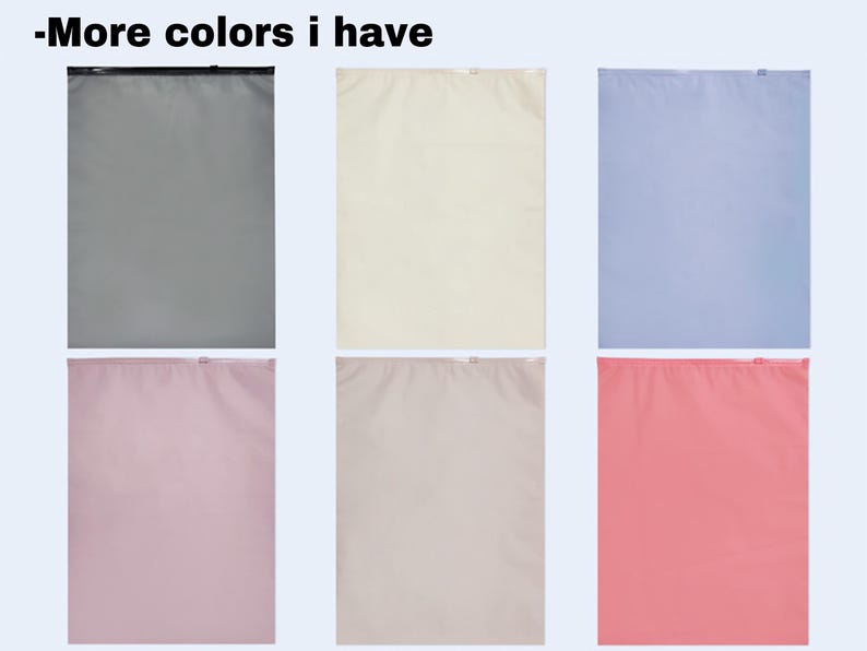 May include: Image shows six fabric pouches in various colors: gray, cream, light blue, pink, beige, and coral. Each pouch has a zipper closure at the top. The text "-More colors i have" is at the top.
