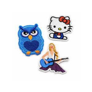 Set geborduurde opstrijkpatches – appliqués uil, kat en gitaarmeisje