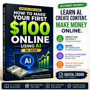 Puede incluir: Un libro electrónico titulado How to Make Your First $100 Online Using AI in 2026. La portada muestra un portátil con un icono de cerebro azul brillante, un fajo de billetes de 100 $ y un gráfico de crecimiento verde. El texto destaca herramientas de IA, estrategias y formato PDF.