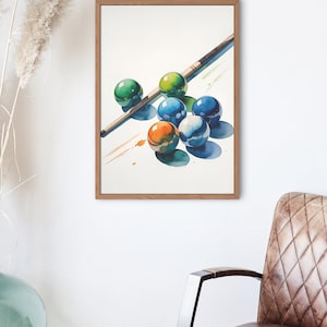 watercolour snooker cue and balls