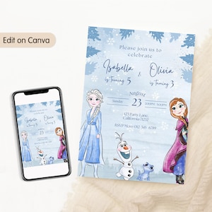 May include: A blue birthday party invitation with illustrations of Elsa and Anna from Frozen. The invitation includes the names Isabella and Olivia, the date August 23, and party details. A smartphone displays the same invitation.