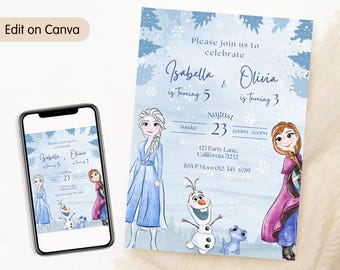 Invitación de cumpleaños de Frozen, invitación de Frozen, invitación conjunta de Frozen, Elsa, fiesta doble, hermanos, Anna, hermanas, niños, invitación doble, imprimible, editable