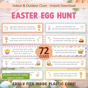 以下が含まれることがあります： 屋内と屋外で使用できる、72個のヒントが付いたカラフルなイースターエッグハントゲーム。 パステルカラー、イースターエッグ、ウサギ、および「イースターエッグハント」というテキストが特徴です。 ゲームには、学校の隠れ場所用の20個の追加のヒントが含まれています。