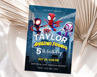 Zaproszenie na urodziny Spidey'a i jego niesamowitych przyjaciół Zaproszenie Spidey'a Zaproszenie na imprezę Spidey'a Spidey'a i jego przyjaciół Motyw chłopca EDYTOWALNE Cyfrowe