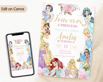 Invitación de cumpleaños de Four Ever A Princess Invitación de Four Ever A Princess Invitación de cuarto cumpleaños Fiesta de princesa Tema real Acuarela EDITABLE