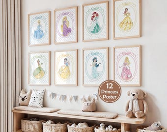 May include: Eight framed vertical posters featuring watercolour-style illustrations of various princesses, each enclosed in a decorative oval frame with a bow at the top, set against a white background with a subtle grey polka dot pattern.