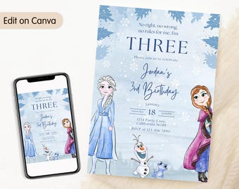 Invitación de cumpleaños número 3 de Frozen Invitación de Frozen Princesa Elsa Anna Invitación de fiesta Niña Invitación de cumpleaños de Frozen Tema EDITABLE Digital