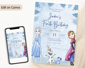 Invitación de cumpleaños de Frozen Invitación de Frozen Invitación de fiesta de la princesa Elsa Anna Invitación de cumpleaños de Frozen para niña Tema EDITABLE Digital Instantáneo