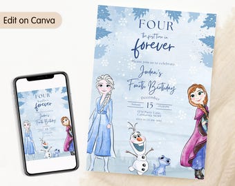 Invitación de cumpleaños de Frozen Four: La primera vez en la eternidad. Invitación de cumpleaños número 4 de Frozen. Invitación para niños de la cuarta fiesta temática de Elsa y Anna. EDITABLE.