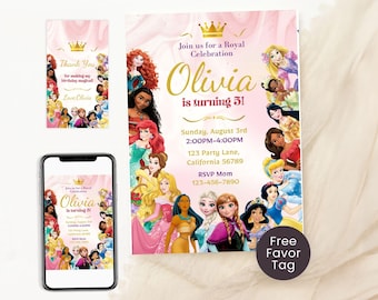 Invitación de cumpleaños de princesa Invitación de princesa Invitación de fiesta temática de princesas Invitación de niña Rosa Dorado Plantilla EDITABLE Personalizada digital instantánea