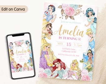 Invitación de cumpleaños de princesa Invitación de princesa Invitación de fiesta de princesa Invitaciones de princesa niña Oro Rosa EDITABLE Digital instantáneo