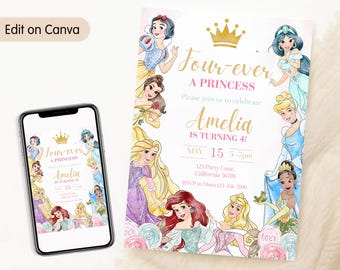 Invitación de cumpleaños de Four Ever A Princess Invitación de Four Ever A Princess Invitación de cuarto cumpleaños Fiesta de princesa Tema real Acuarela EDITABLE