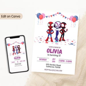 May include: A birthday party invitation featuring three cartoon Spider-Man characters. The invitation includes the text "COME & SWING BY OLIVIA is turning 5!" with date, time, and location details. A smartphone displays a similar design.