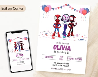 Invitación de cumpleaños de la araña fantasma. Spidey y sus increíbles amigos invitan a Stacy Spidey. Invitación a la fiesta. Plantilla editable. Digital instantánea.