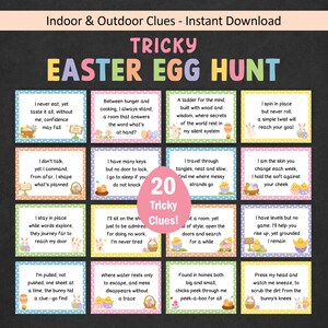 May include: A digital download of a Tricky Easter Egg Hunt game. The game includes 20 clues on individual cards, each with Easter-themed illustrations such as bunnies and eggs. The title "Tricky Easter Egg Hunt" is displayed.