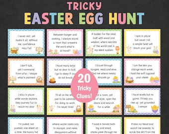 Pistas complicadas para la búsqueda de huevos de Pascua. Búsqueda del tesoro de Pascua para adolescentes. Búsqueda del tesoro de Pascua para adolescentes. Preadolescentes. Niños mayores. Interiores y exteriores. Difícil. IMPRIMIBLE.