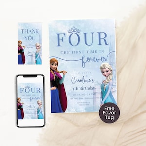 May include: A birthday invitation and thank you card set featuring the characters Anna and Elsa from the movie Frozen. The invitation reads "FOUR, the first time in forever" and includes party details. A phone displays the invitation.