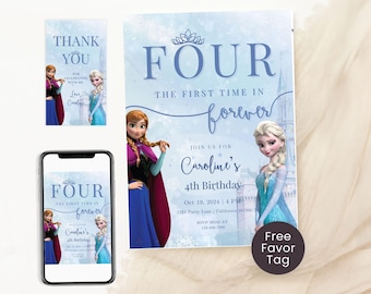 Invitación de cumpleaños de Frozen Four: La primera vez en la eternidad. Invitación de cumpleaños número 4 de Frozen. Invitación para la cuarta fiesta infantil. Tema de Elsa y Anna. EDITABLE.