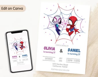 Invitación de cumpleaños conjunta de Spidey Invitación de Spidey y sus increíbles amigos Hermanos Invitación doble de Spidey Invitación de fiesta combinada para niño y niña