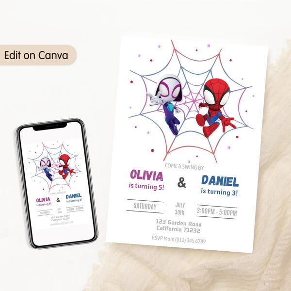 Spidey Geburtstagseinladung Spidey und seine erstaunliche Freunde Geschwister Einladung Spidey Doppel einladen Junge Mädchen Kombinierte Party einladen