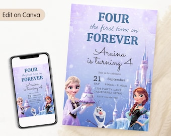 Frozen Four The First Time In Forever verjaardagsuitnodiging Frozen 4e verjaardagsuitnodiging Kids Fourth Party Invite Elsa Anna thema BEWERKBAAR