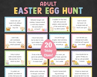 Búsqueda de huevos de Pascua para adultos, pistas complicadas, búsqueda del tesoro de Pascua difícil, búsqueda del tesoro de Pascua para adolescentes, preadolescentes, niños mayores, imprimible, instantáneo