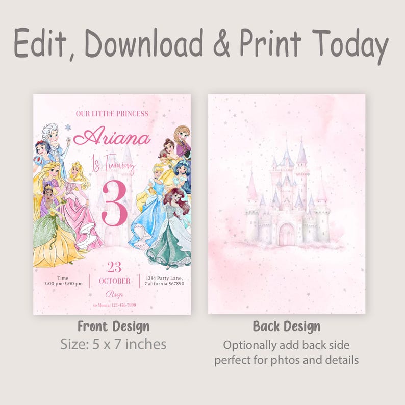 Puede incluir: Invitaci&oacute;n de cumplea&ntilde;os rosa con tem&aacute;tica de princesas. El dise&ntilde;o frontal presenta ilustraciones de princesas, el nombre "Ariana" y el n&uacute;mero "3". El dise&ntilde;o posterior muestra un castillo. La invitaci&oacute;n mide 12,7 x 17,8 cm.