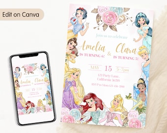 Invitación de cumpleaños conjunta de princesas Invitación de princesa Fiesta doble Princesas Hermanos Hermanas Princesa Invitación doble Niñas Princesas EDITABLE