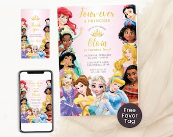Invitación de cumpleaños de Four Ever A Princess Invitación de Four Ever A Princess Invitación de fiesta de cumpleaños número 4 de princesa Tema real Niña EDITABLE Instantáneo