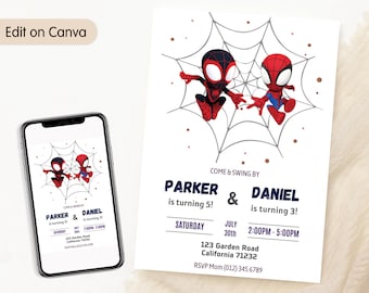 Spidey i jego niesamowici przyjaciele Wspólne zaproszenie urodzinowe Spin Spidey Zaproszenie Podwójne przyjęcie Rodzeństwo Bracia Podwójne zaproszenie Chłopcy EDYTOWALNE