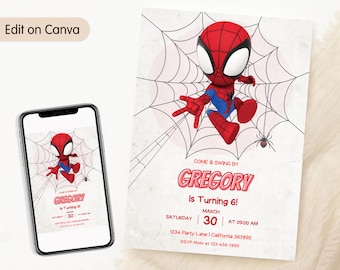 Zaproszenie na urodziny Spidey'a Spidey'ego i jego niesamowitych przyjaciół Zaproszenie na przyjęcie urodzinowe Spidey'ego dla chłopca Edytowalny szablon Instant Digital