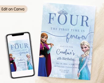 Invitación de cumpleaños de Frozen Four: La primera vez en la eternidad. Invitación de cumpleaños número 4 de Frozen. Invitación para la cuarta fiesta infantil. Tema de Elsa y Anna. EDITABLE.