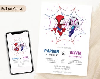 Invitación de cumpleaños conjunta de Spidey Invitación de Spidey y sus increíbles amigos Hermanos Invitación doble de Spidey Invitación combinada para niño y niña