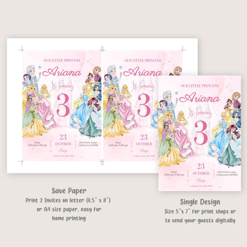 Puede incluir: Invitaciones de cumplea&ntilde;os rosas con tem&aacute;tica de princesas. El dise&ntilde;o presenta ilustraciones de varias princesas, el nombre "Ariana" y el n&uacute;mero "3". Incluye detalles del evento. Disponible en dos tama&ntilde;os de impresi&oacute;n: A4 o 12,7 cm x 17,8 cm.