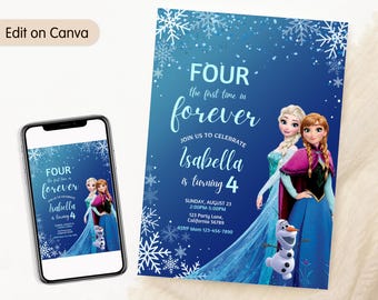 Invitación de cumpleaños número 4 de Frozen, Frozen Four, la primera vez en la eternidad, invitación de cumpleaños para niños, cuarta fiesta, invitación temática de Elsa y Anna, editable