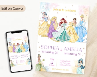Invitación de cumpleaños conjunta de princesas Invitación de princesa Fiesta doble Princesas Hermanos Hermanas Princesa Invitación doble Princesas Niñas EDITABLE