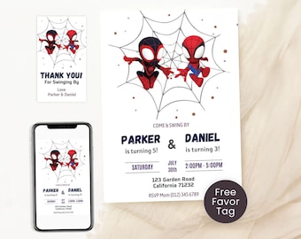 Invitación de cumpleaños conjunta de Spidey y sus increíbles amigos. Invitación de Spidey para dos hermanos. Invitación doble para dos hermanos. EDITABLE.
