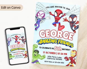 Invitación de cumpleaños de Spidey y sus increíbles amigos Invitación de Spidey Fiesta de Spidey Invitación de Spidey y sus amigos para niño EDITABLE Digital instantáneo