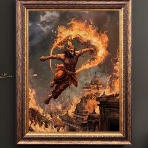 May include: A framed print showing a figure engulfed in flames, with a city in the background. The artwork uses warm colors, with the figure in orange and the flames in shades of orange and yellow. The frame is brown. Text on the bottom reads "FRAME NOT INCLUDED."