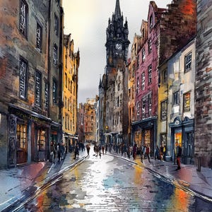 May include: A watercolor painting of a narrow cobblestone street lined with tall, multi-story buildings in shades of gray, yellow, and pink. A prominent clock tower rises in the distance. People walk along the sidewalks under a bright sky.