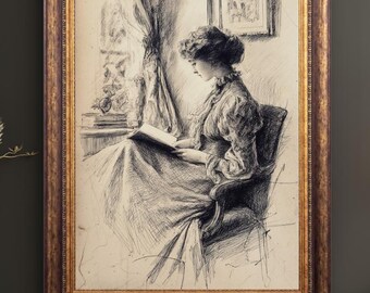Victorian Woman Reading Print, Vintage Reading Nook Decor, Book Lover Wall Art, Pen and Ink Sketch, Antique Style Printable Art