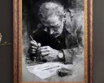 Watchmaker Charcoal Sketch Print, Vintage Craftsman Portrait, Black and White Artisan Wall Art, Library and Workshop Decor