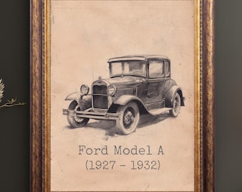 Vintage Ford Model A Sketch Print, Classic Automobile Wall Art, Man Cave Art, Rustic Garage Decor
