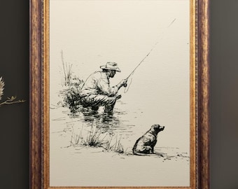 Fly Fishing Wall Art Print, Rustic Fisherman Sketch, Black and White Ink Drawing, Minimalistic Cabin Decor, Angler Art